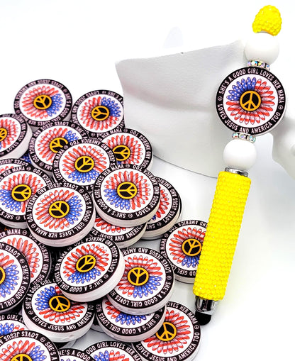 Patriotic Sunflower Focal Pen Bead (Set of 2) - A Good Girl Loves Her Mama Jesus And America 4th of July Silicone Craft Bead