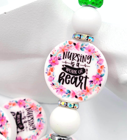 Nursing Is a Work of Heart Floral Silicone Focal Bead (Set of 2) - Nurse & Medical Assistant DIY Bead