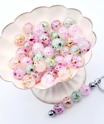 16mm Printed Flower Garland Acrylic Beads (Set of 10) – Chunky Round Bag Charm Craft Beads