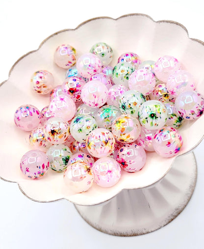 16mm Printed Flower Garland Acrylic Beads (Set of 10) – Chunky Round Bag Charm Craft Beads