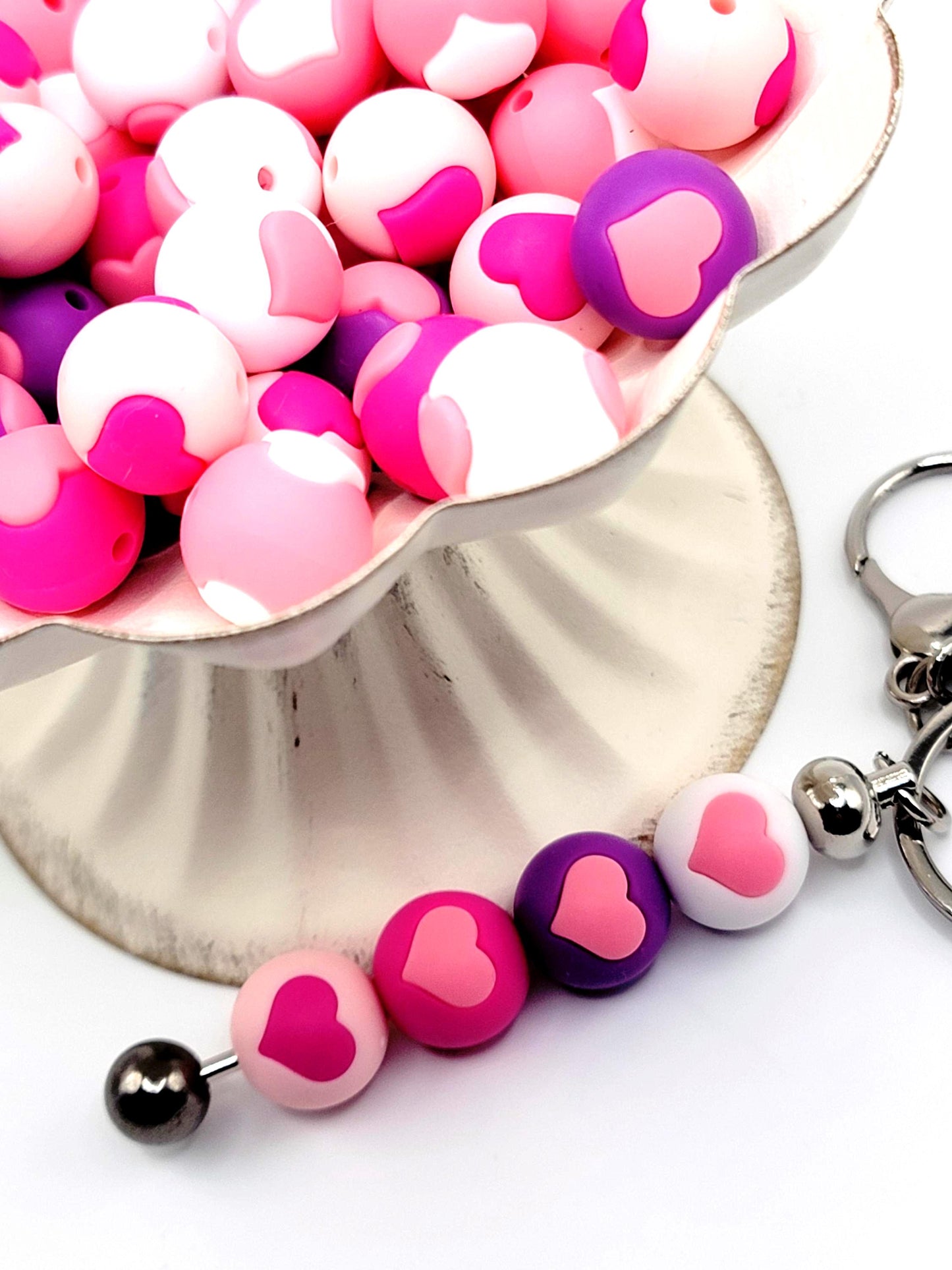 15mm Candy Heart Silicone Beads, Valentine Round Beads for DIY Pens & Crafts (Set of 5)
