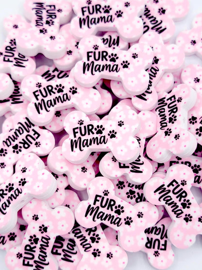 Fur Mama Dog Bone Silicone Focal Bead (Set of 2) - Pink and White Flower Dog Mom Paw Print Bead for DIY Pens