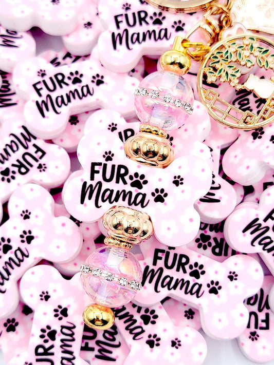 Fur Mama Dog Bone Silicone Focal Bead (Set of 2) - Pink and White Flower Dog Mom Paw Print Bead for DIY Pens