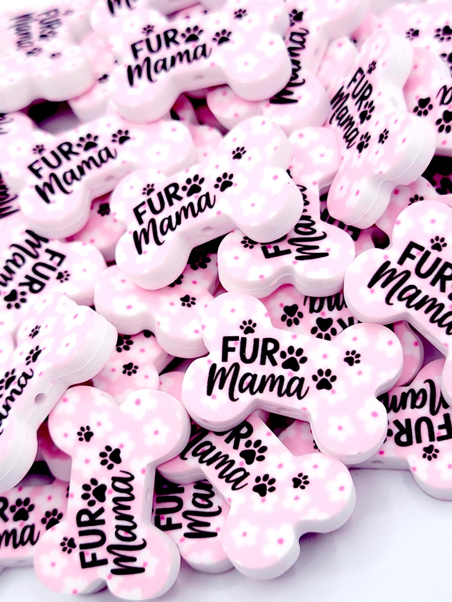 Fur Mama Dog Bone Silicone Focal Bead (Set of 2) - Pink and White Flower Dog Mom Paw Print Bead for DIY Pens