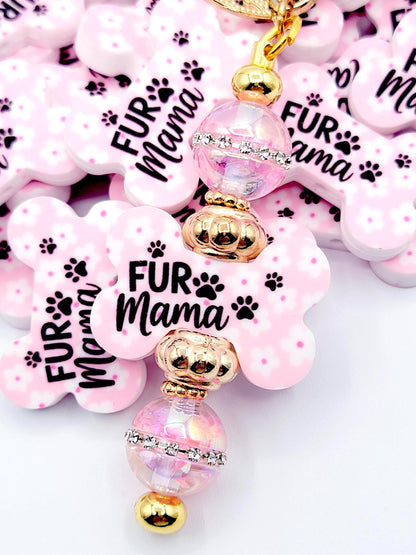 Fur Mama Dog Bone Silicone Focal Bead (Set of 2) - Pink and White Flower Dog Mom Paw Print Bead for DIY Pens