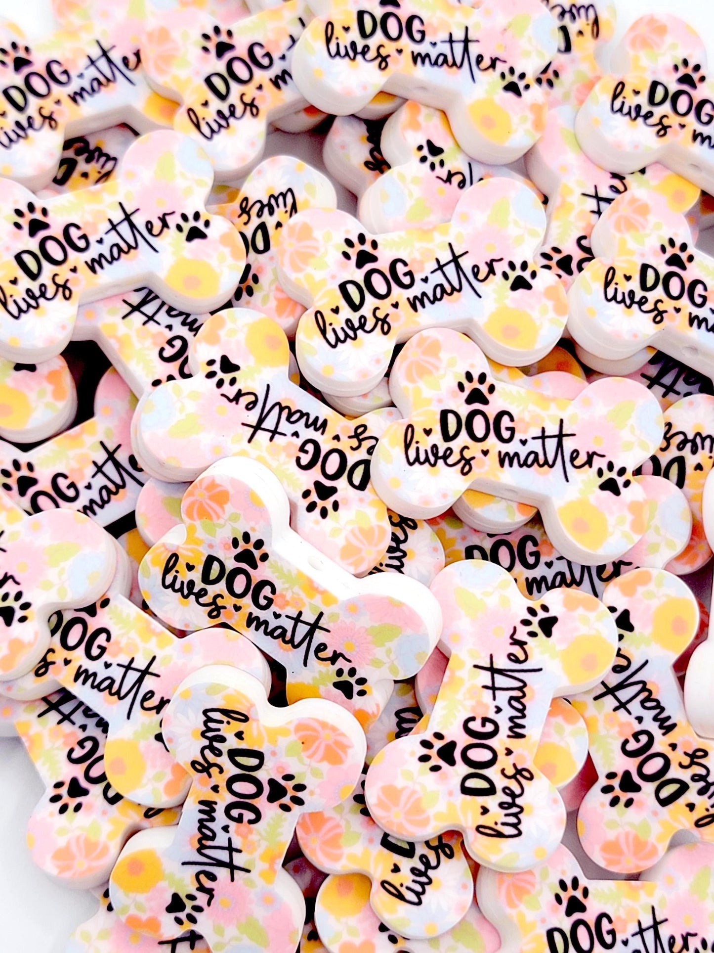 Dogs Matter Retro Floral Dog Bone Silicone Focal Bead (Set of 2) - Dog Mom Paw Print DIY Bead