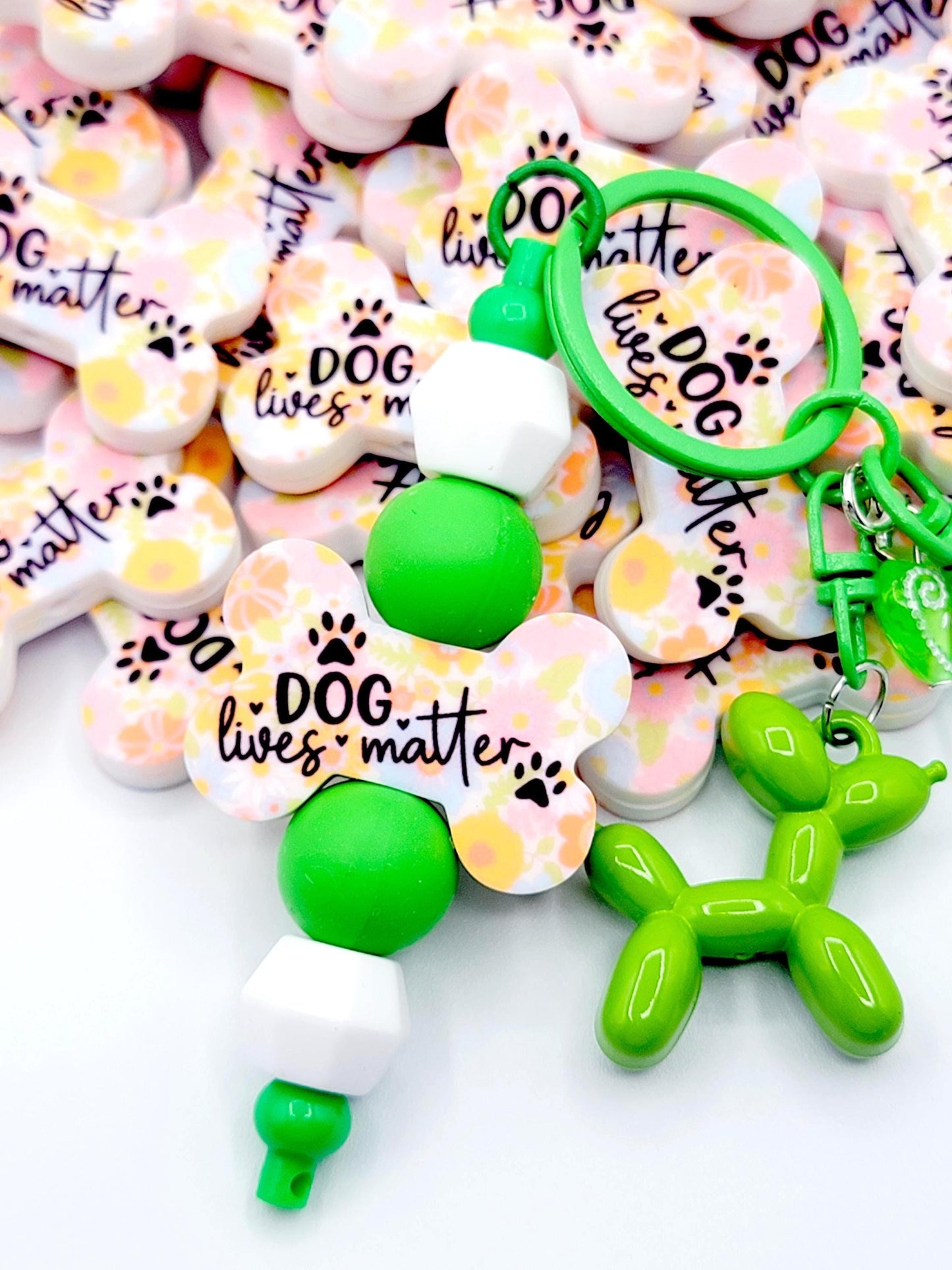 Dogs Matter Retro Floral Dog Bone Silicone Focal Bead (Set of 2) - Dog Mom Paw Print DIY Bead