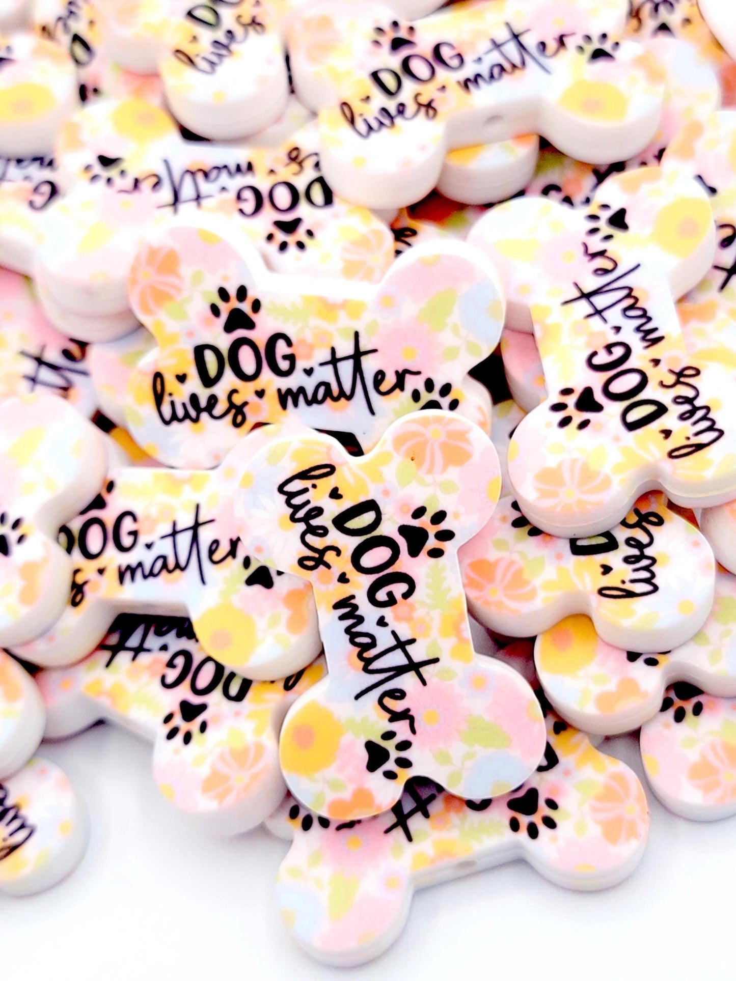 Dogs Matter Retro Floral Dog Bone Silicone Focal Bead (Set of 2) - Dog Mom Paw Print DIY Bead