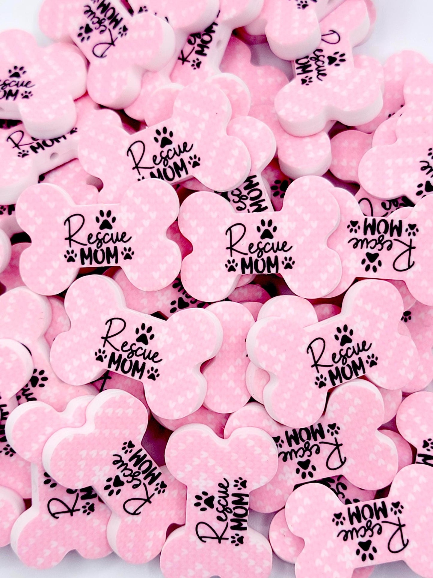 Rescue Mom Dog Bone Silicone Focal Bead (Set of 2) - Pink and White Dog and Cat Lover DIY Bead