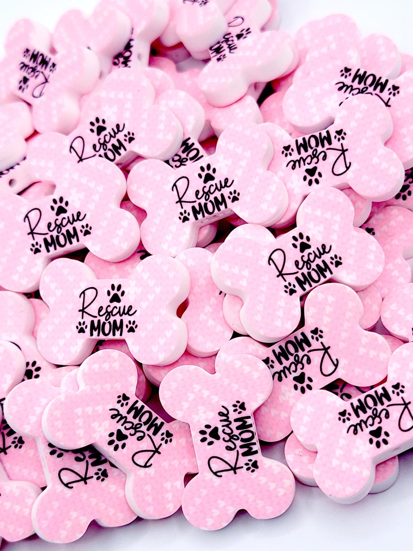 Rescue Mom Dog Bone Silicone Focal Bead (Set of 2) - Pink and White Dog and Cat Lover DIY Bead