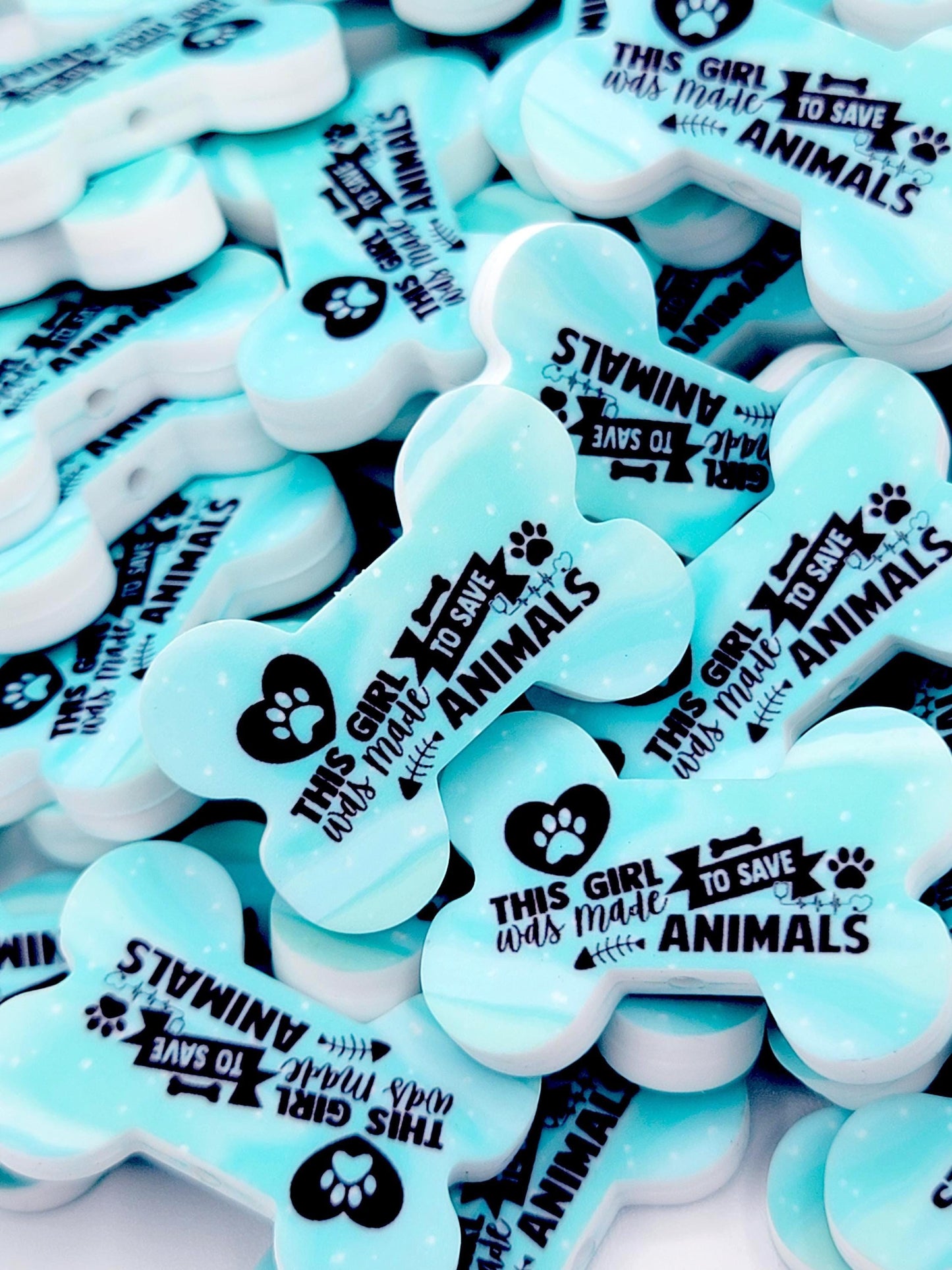 This Girl Was Made To Save Animals Dog Bone Silicone Focal Bead (Set of 2) - Blue Dog and Cat Rescue DIY Craft Bead