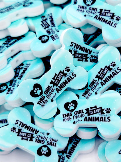 This Girl Was Made To Save Animals Dog Bone Silicone Focal Bead (Set of 2) - Blue Dog and Cat Rescue DIY Craft Bead