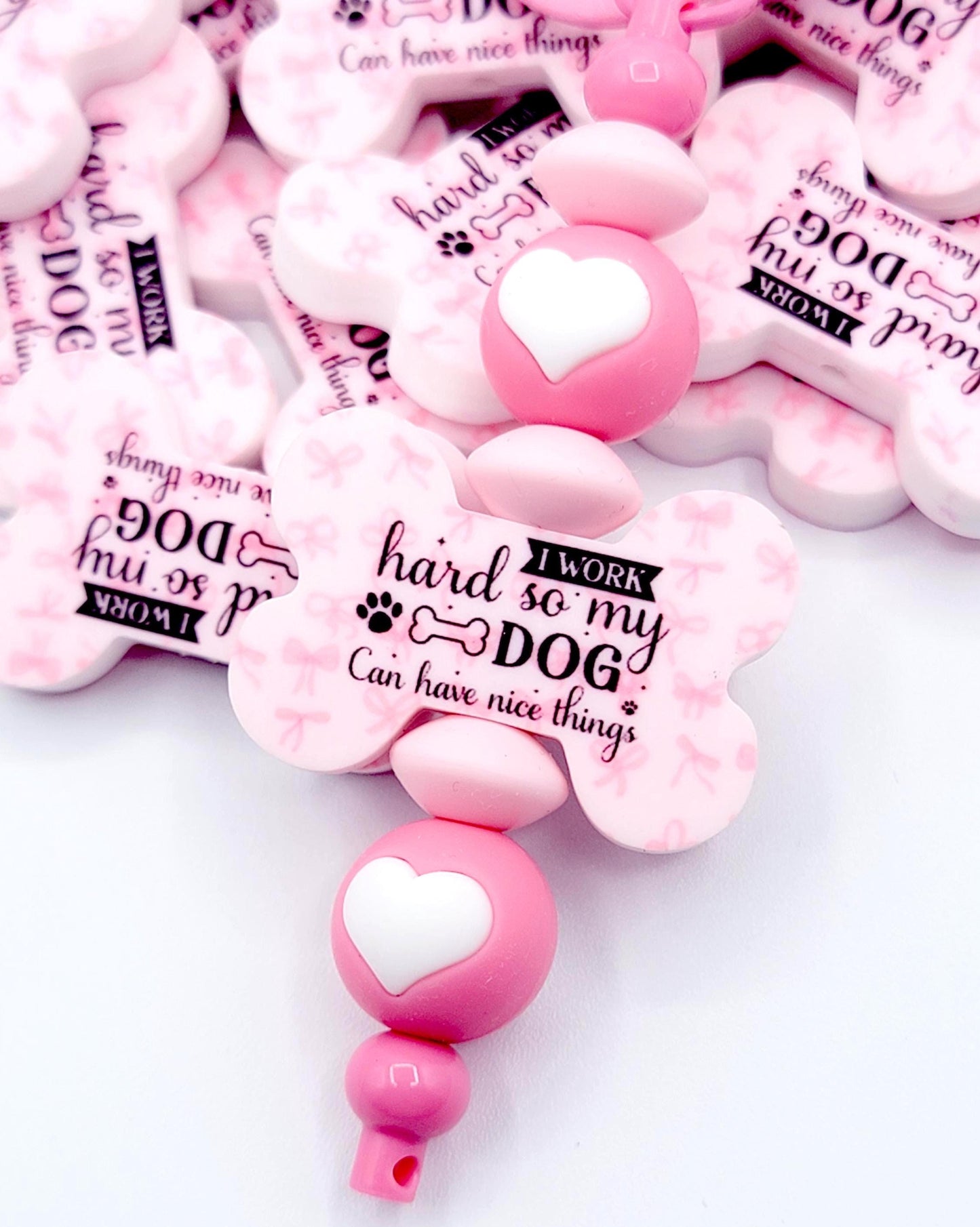 I Work for My Dog Dog Bone Silicone Focal Bead (Set of 2) - Pink Coquette Funny Dog Mom DIY Bead