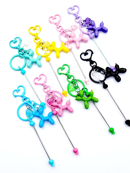 DIY Colorful Metal Beadable Keychain Bar with Balloon Dog & Heart Charms, Heart Clasp Blank Keychain