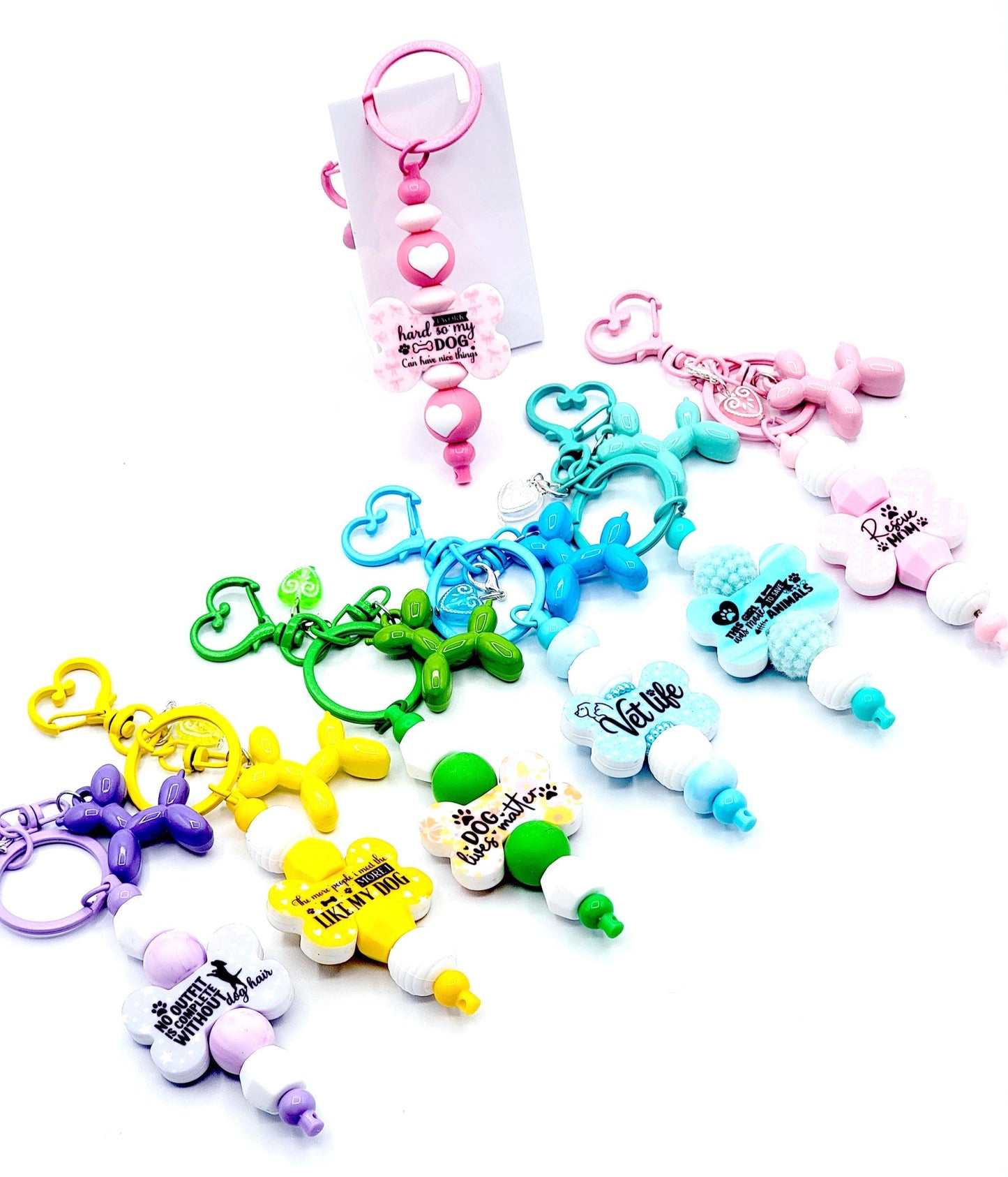 DIY Colorful Metal Beadable Keychain Bar with Balloon Dog & Heart Charms, Heart Clasp Blank Keychain