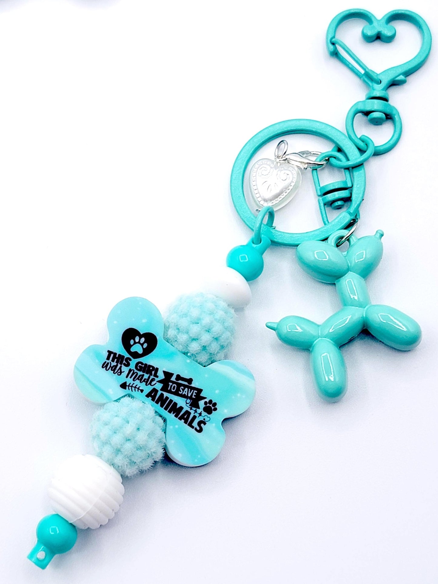 DIY Colorful Metal Beadable Keychain Bar with Balloon Dog & Heart Charms, Heart Clasp Blank Keychain