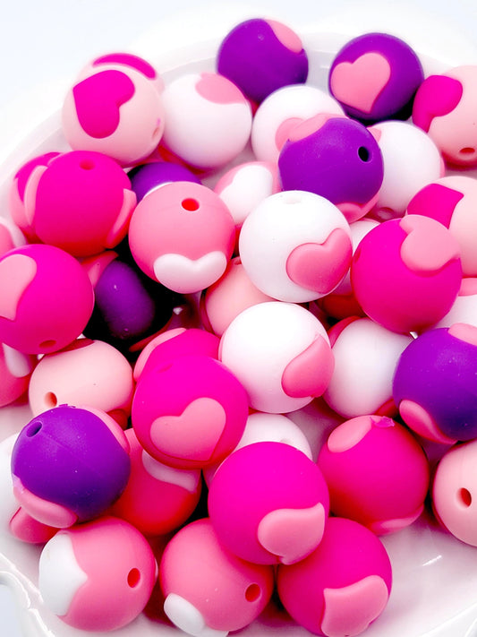 15mm Candy Heart Silicone Beads, Valentine Round Beads for DIY Pens & Crafts (Set of 5)