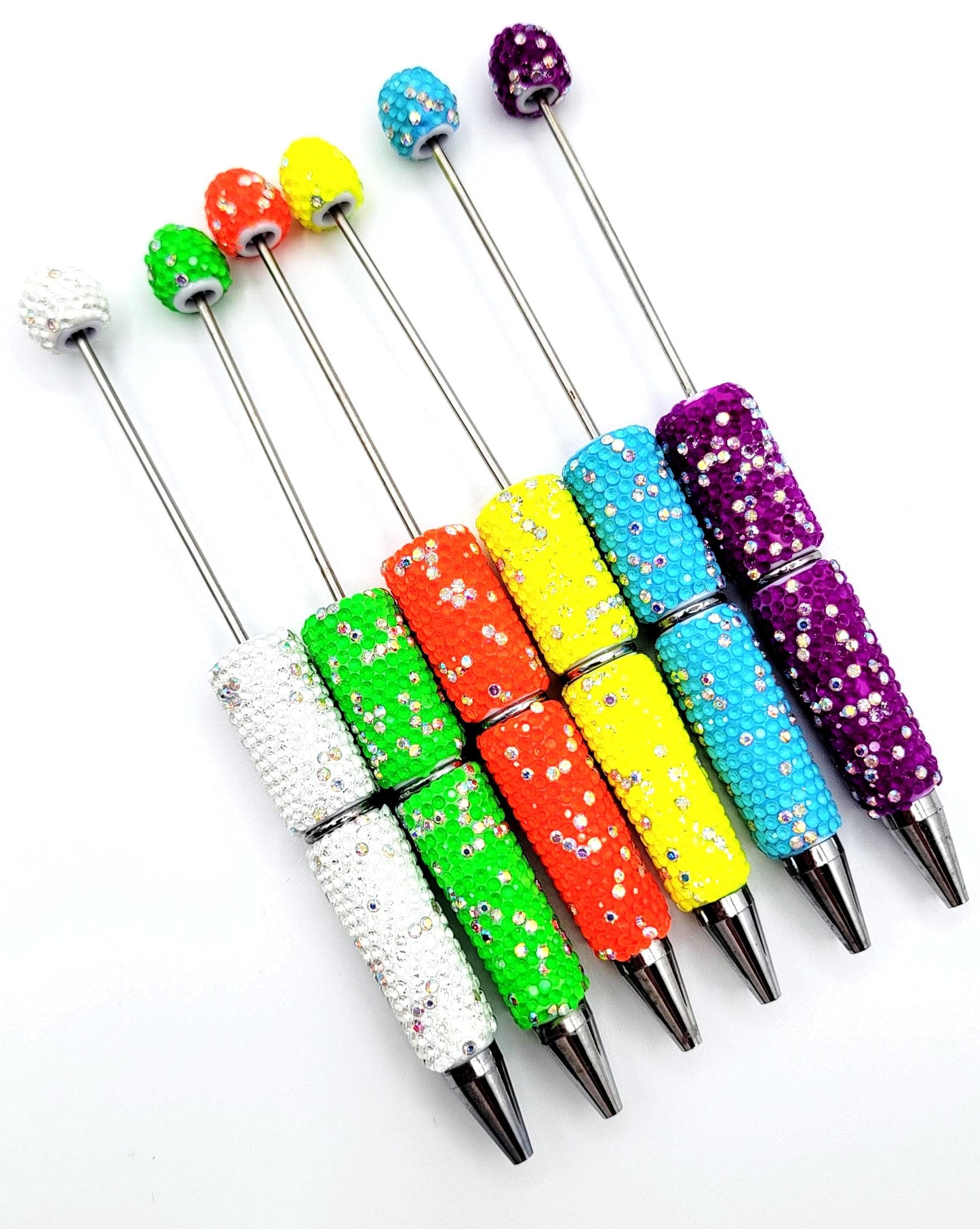Neon Bright Colors Sparkly Rhinestone Beadable Pens - DIY Fluorescent Bling Glitter Pens For Craft Beads