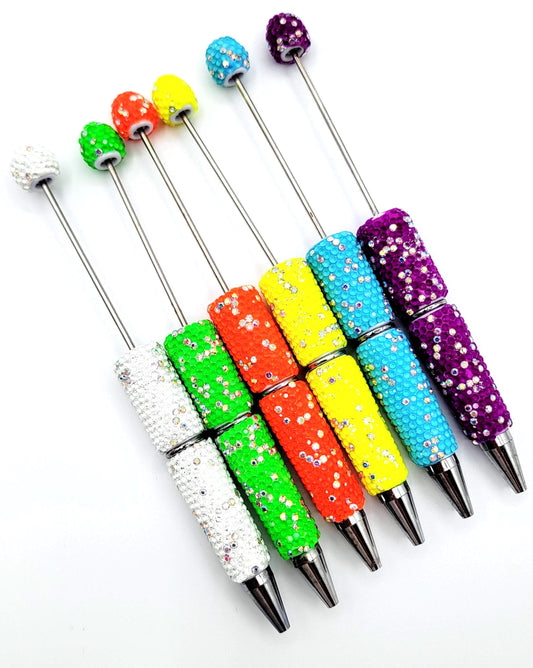 Neon Bright Colors Sparkly Rhinestone Beadable Pens - DIY Fluorescent Bling Glitter Pens For Craft Beads
