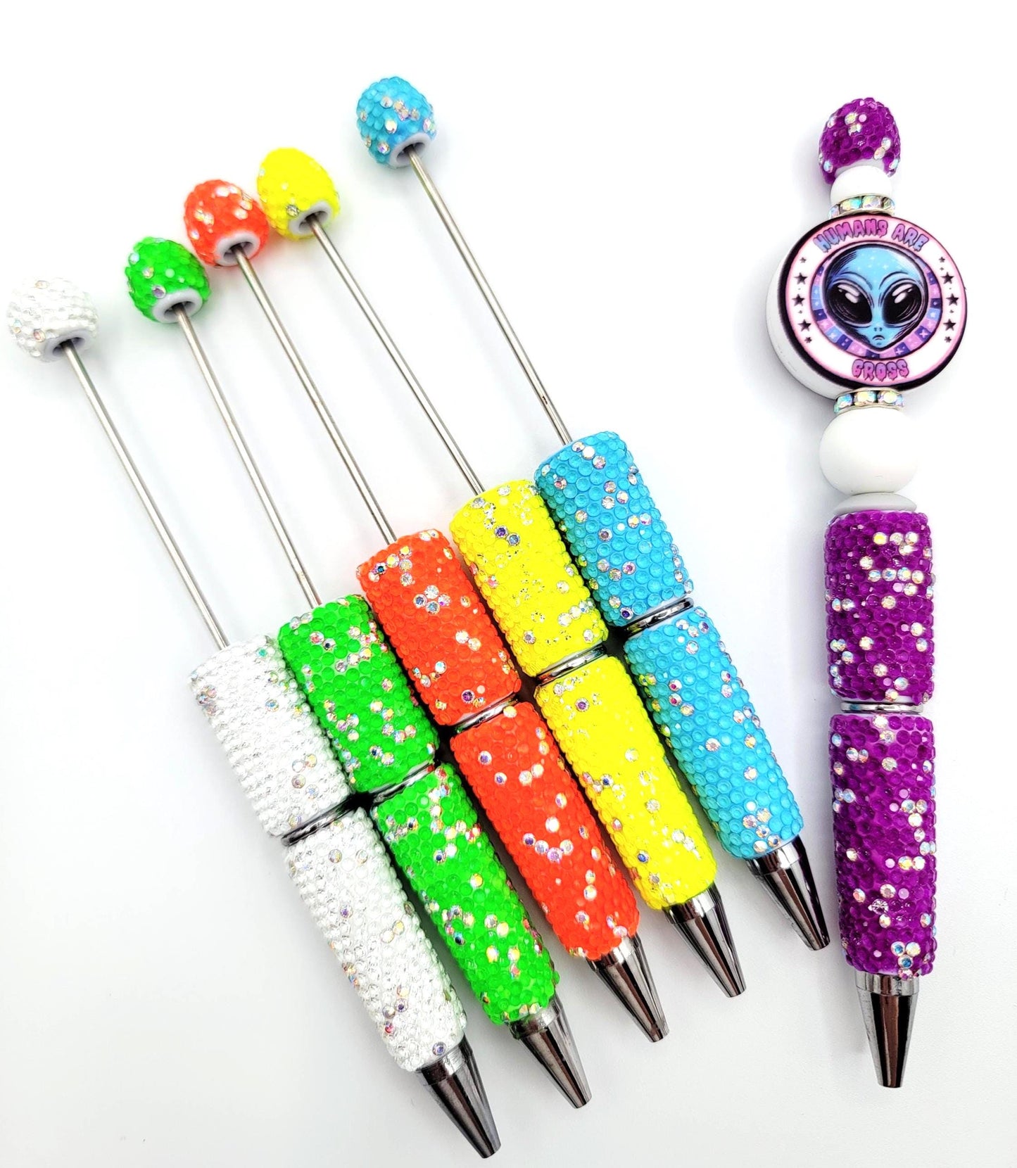 Neon Bright Colors Sparkly Rhinestone Beadable Pens - DIY Fluorescent Bling Glitter Pens For Craft Beads