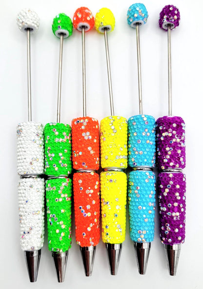 Neon Bright Colors Sparkly Rhinestone Beadable Pens - DIY Fluorescent Bling Glitter Pens For Craft Beads