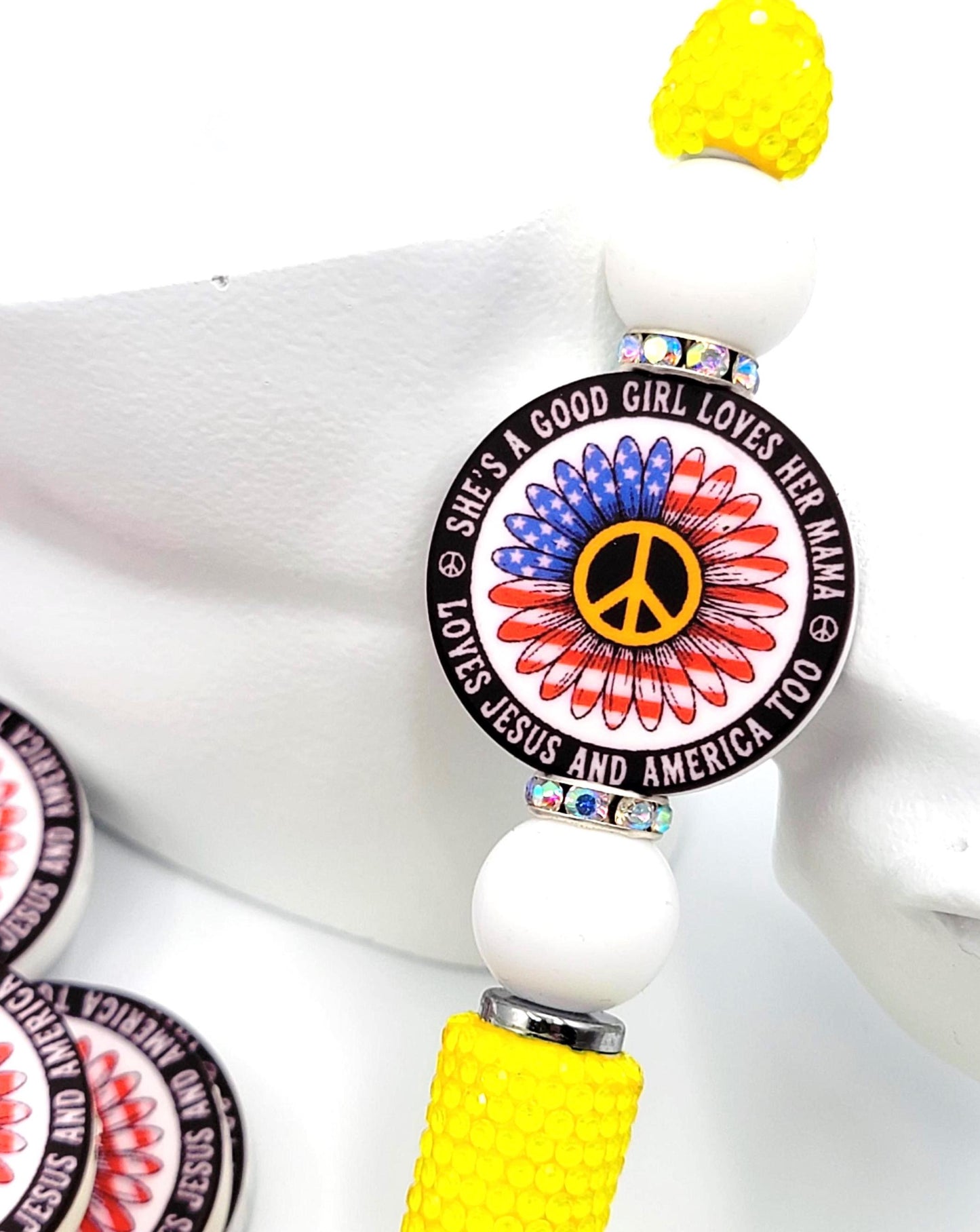 Patriotic Sunflower Focal Pen Bead (Set of 2) - A Good Girl Loves Her Mama Jesus And America 4th of July Silicone Craft Bead