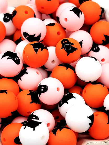 15mm Halloween Ghost Silicone Beads – White, Orange & Pink Spooky Round Beads