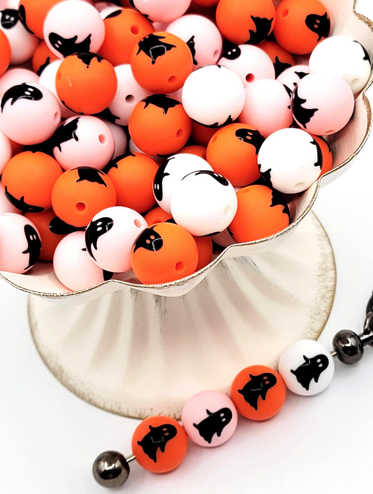 15mm Halloween Ghost Silicone Beads – White, Orange & Pink Spooky Round Beads