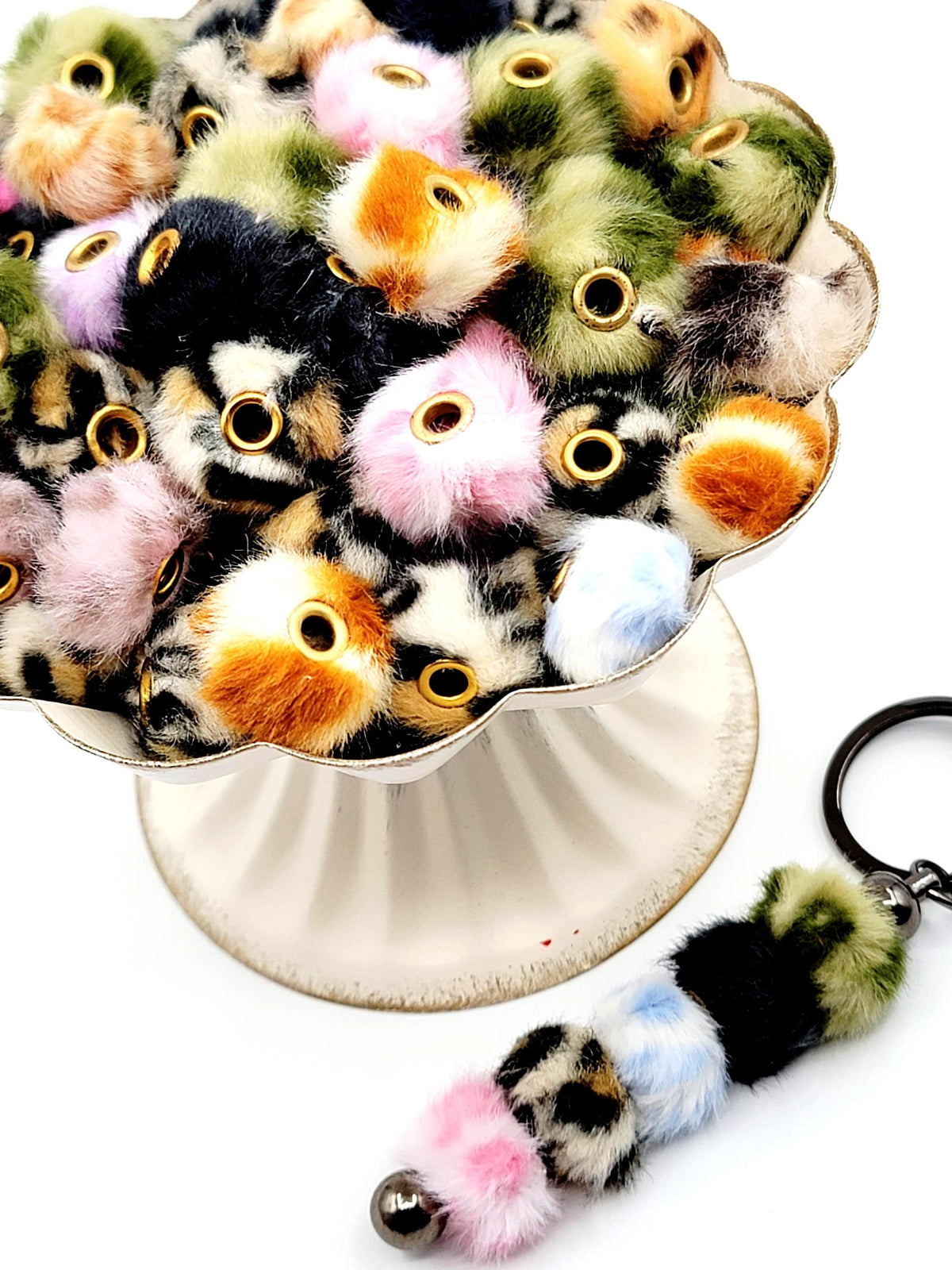 Leopard Mixed Color Fuzzy Faux Fur Beads - Large Hole Pom Pom Spacer Beads for Pens (Set of 10)