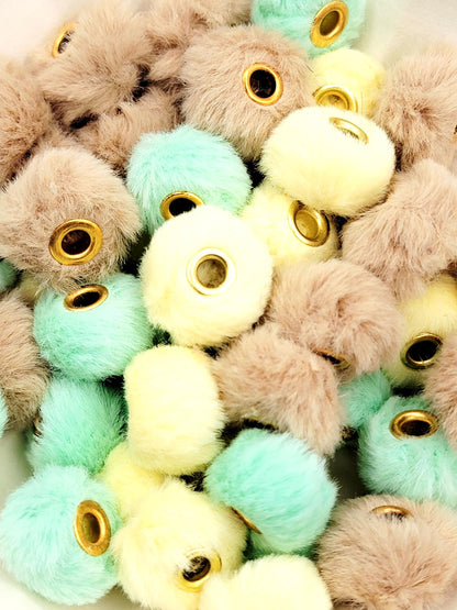 Yellow Brown Mint Mixed Color Fuzzy Faux Fur Beads, Large Hole Pom Pom Spacer Beads for Pens (Set 0f 8)