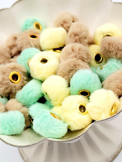 Yellow Brown Mint Mixed Color Fuzzy Faux Fur Beads, Large Hole Pom Pom Spacer Beads for Pens (Set 0f 8)