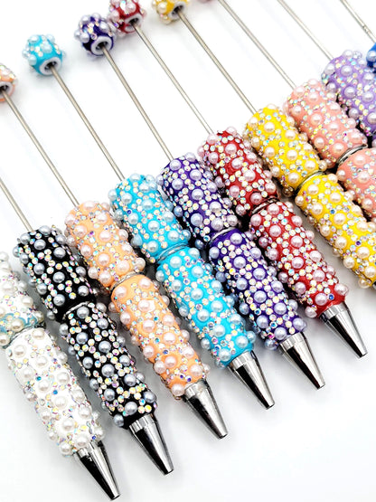 Beadable Clay Pens with White Pearl and AB Rhinestones, Fancy Sparkly DIY Pen