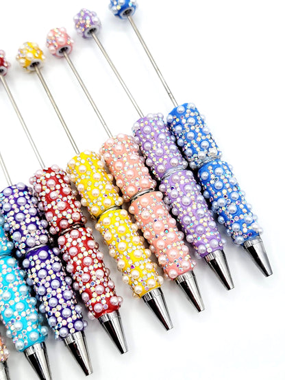 Beadable Clay Pens with White Pearl and AB Rhinestones, Fancy Sparkly DIY Pen