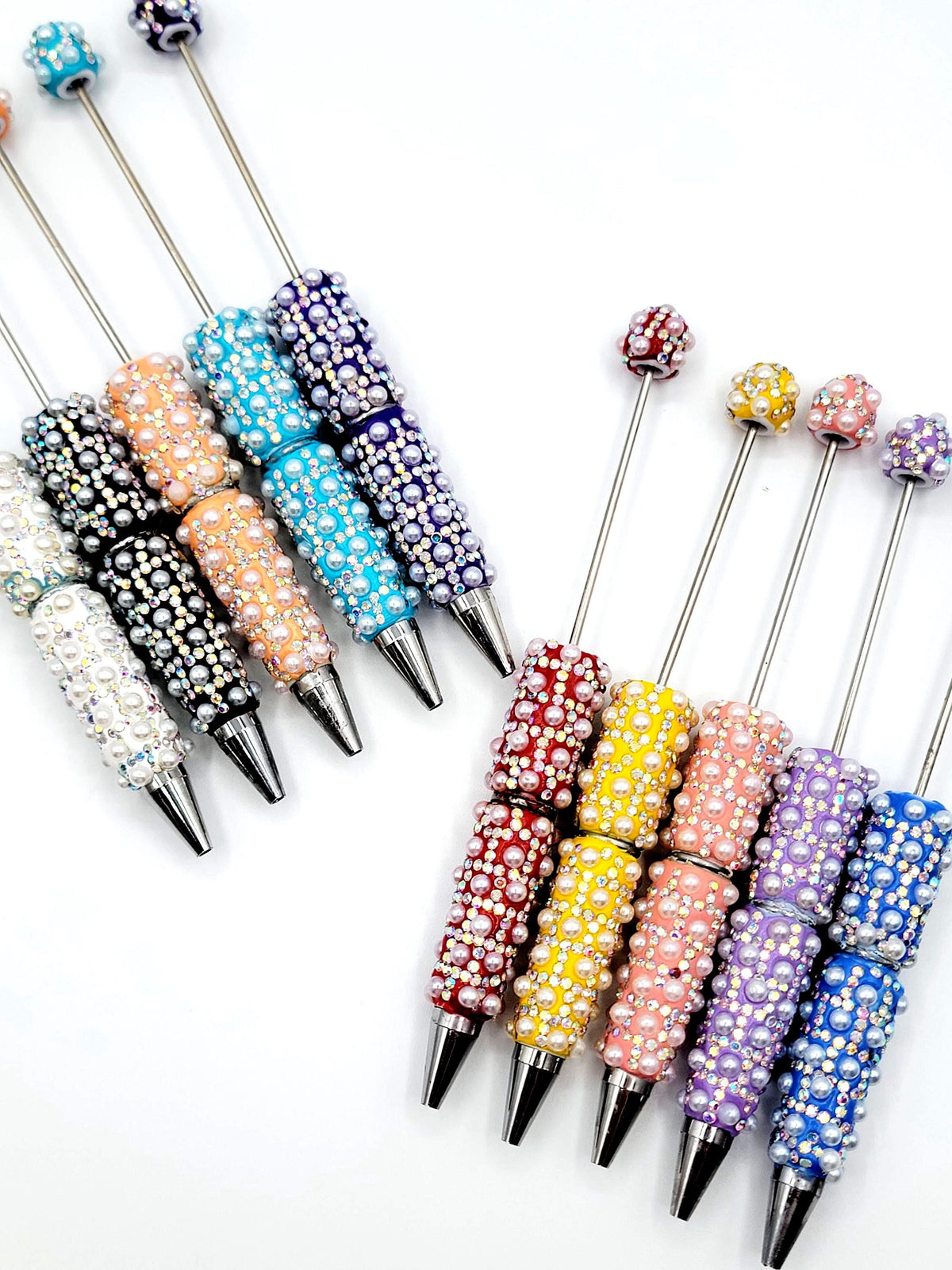 Beadable Clay Pens with White Pearl and AB Rhinestones, Fancy Sparkly DIY Pen