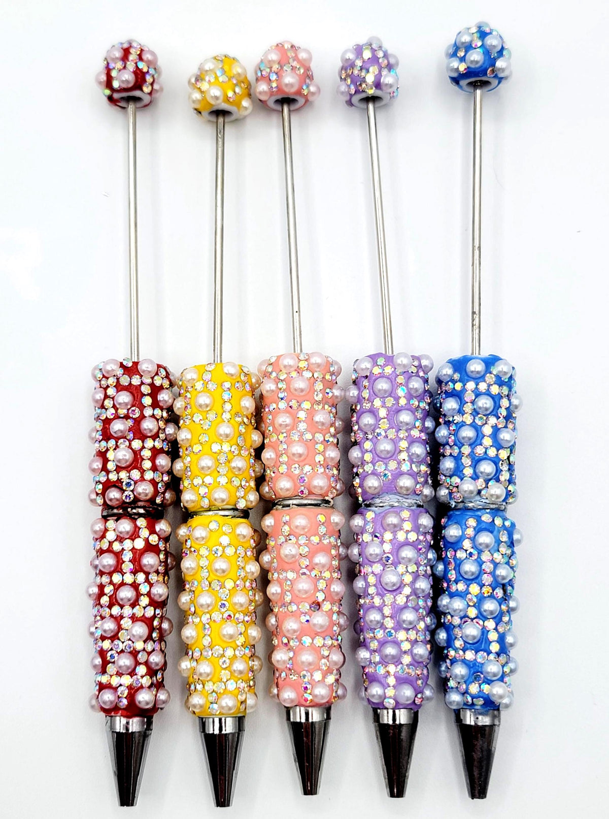 Beadable Clay Pens with White Pearl and AB Rhinestones, Fancy Sparkly DIY Pen