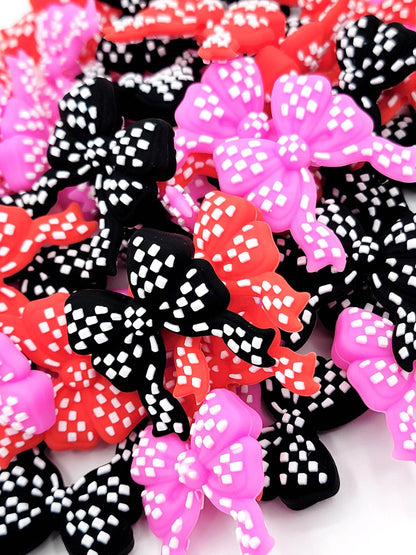 Checkered Silicone Bow Bead with Tail , Focal Bead for Beadable Pens, Keychains & Badge Reels (Set of 2)