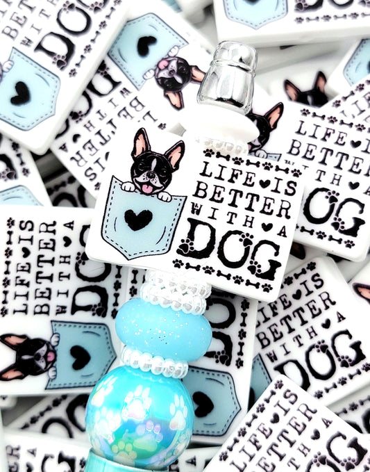 Life Is Better With a Dog Boston Terrier Silicone Focal Bead, Dog Mom Pen Beads, Dog Lover Craft Bead Pocket Dog Design (Set of 2)
