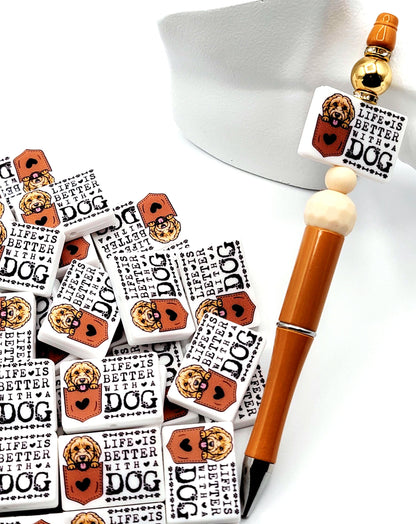 Life Is Better With a Dog Doodle Silicone Focal Bead, Dog Mom Pen Beads, Dog Lover Craft Bead Pocket Dog Design (Set of 2)