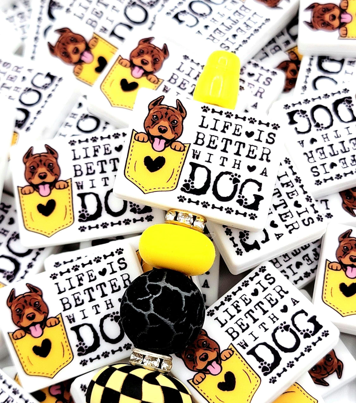 Life Is Better With a Dog Brown Pitbull Silicone Focal Bead, Dog Mom Pen Beads, Dog Lover Craft Bead Pocket Dog Design (Set of 2)