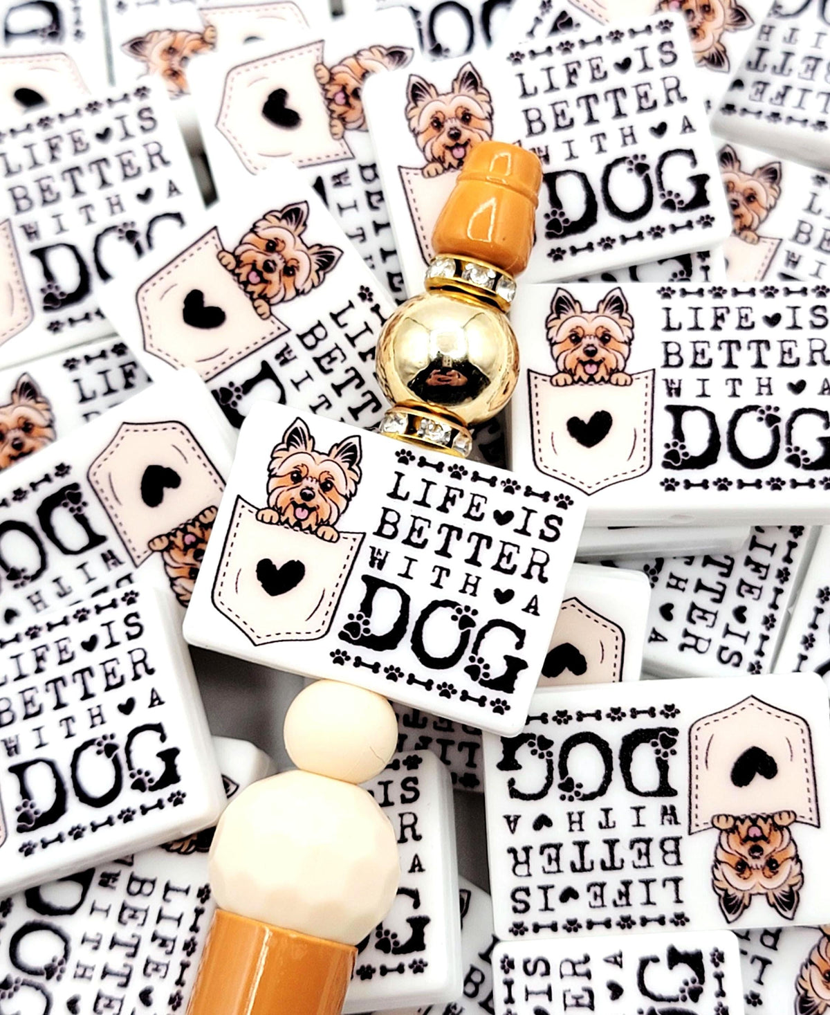 Life Is Better With a Dog Yorkie Silicone Focal Bead ,Yorkshire Terrier Dog Mom Pen Bead ,Dog Lover Craft Bead, Pocket Dog Design (Set of 2)