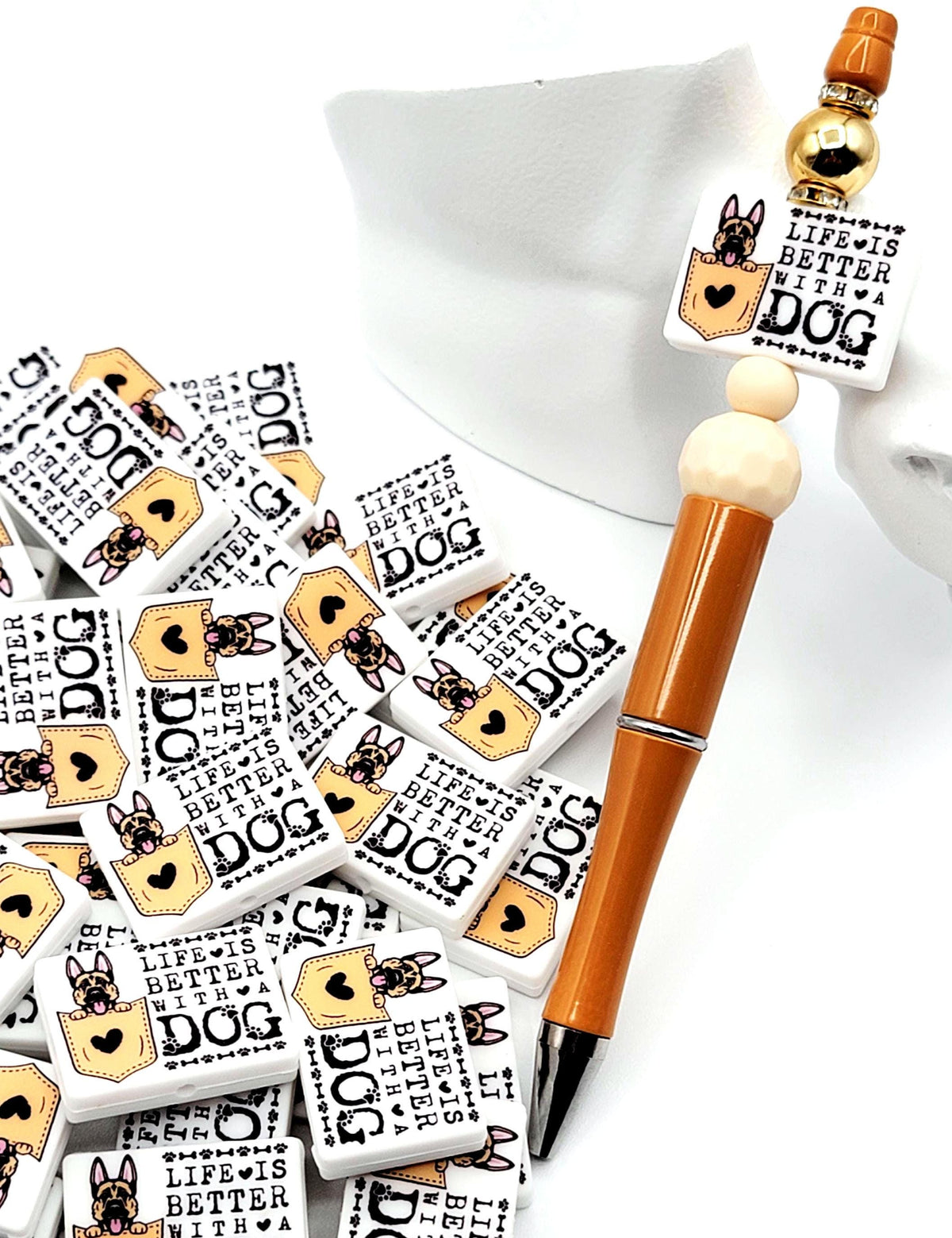 Life Is Better With a Dog German Shepherd Silicone Focal Bead, Dog Mom Pen Beads, Dog Lover Craft Bead Pocket Dog Design (Set of 2)