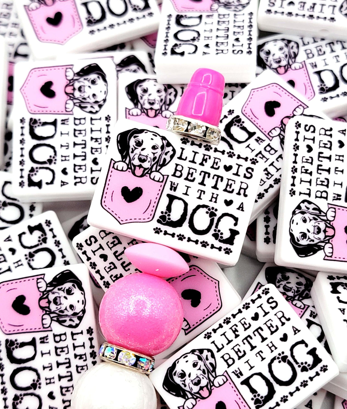Life Is Better With a Dog Dalmatian Silicone Focal Bead, Dog Mom Pen Beads, Dog Lover Craft Bead Pocket Dog Design (Set of 2)