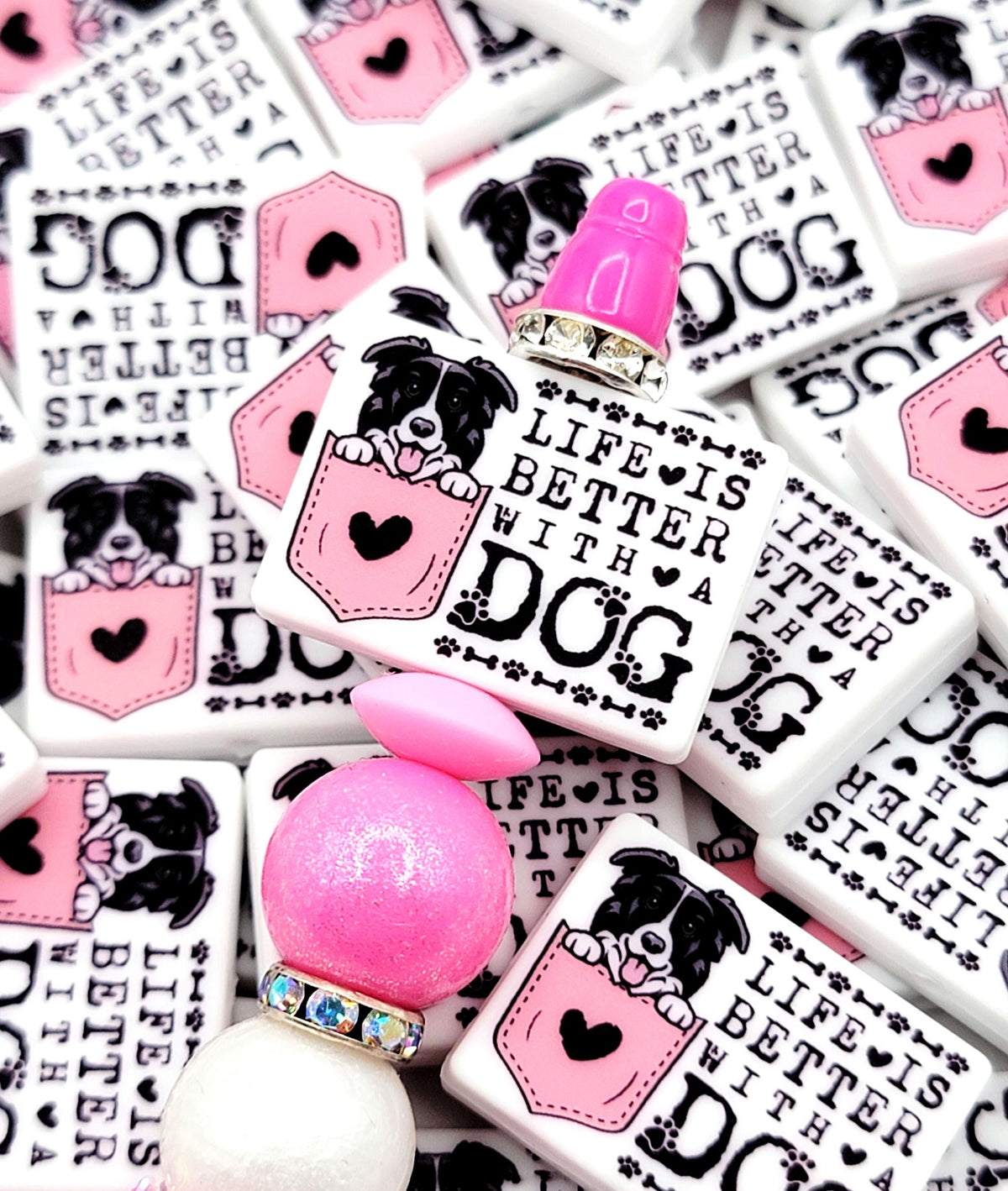 Life Is Better With a Dog Border Collie Silicone Focal Bead, Dog Mom Pen Beads, Dog Lover Craft Bead Pocket Dog Design (Set of 2)