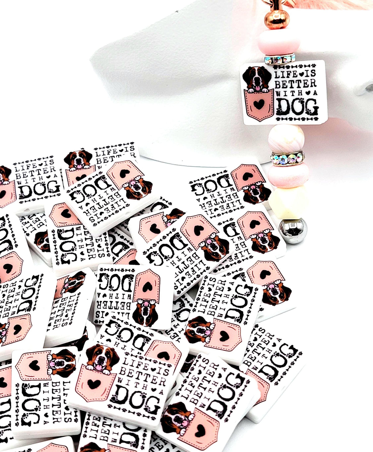 Life Is Better With a Dog Saint Bernard Silicone Focal Bead, Dog Mom Pen Beads, Dog Lover Craft Bead Pocket Dog Design (Set of 2)