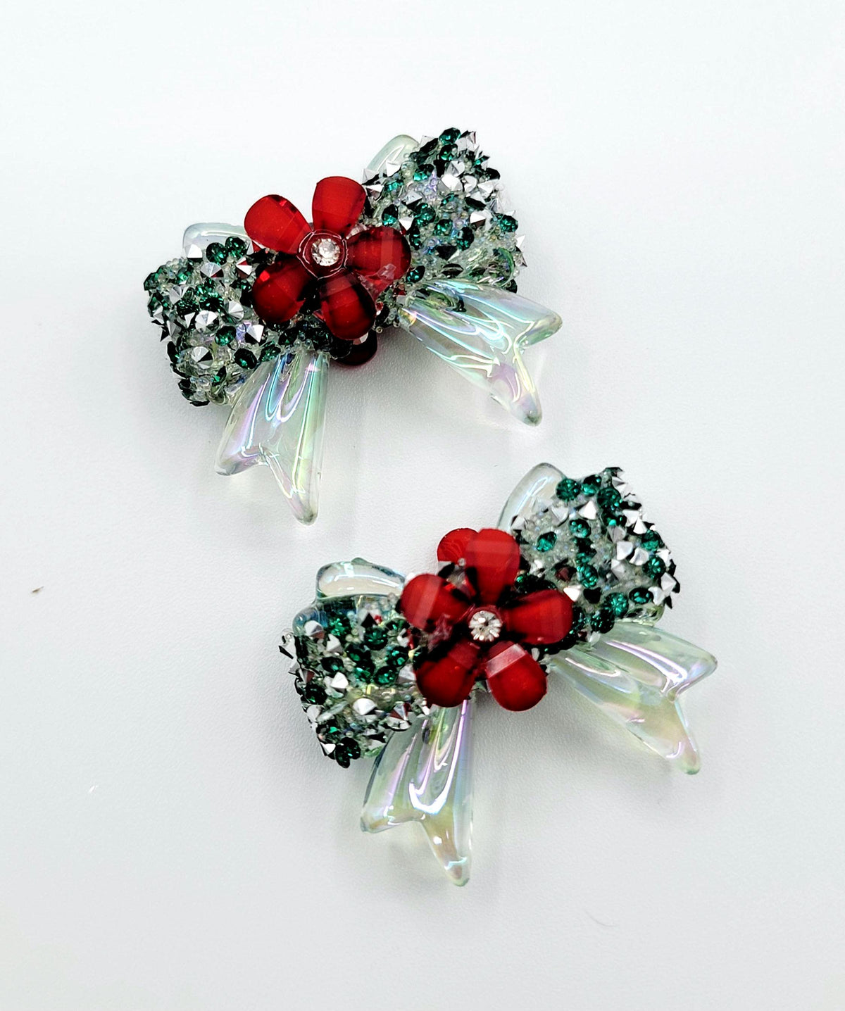 Christmas Crystal Sparkle Ribbon Bow Acrylic Bead , 3D Rhinestone & Flower Focal Bead, Red Green Crystal (Set of 2)