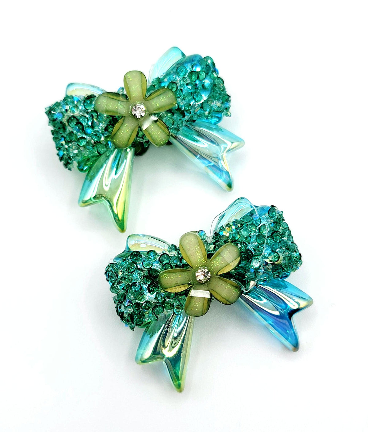 Christmas Crystal Sparkle Ribbon Bow Acrylic Bead , 3D Rhinestone & Flower Focal Bead, Red Green Crystal (Set of 2)