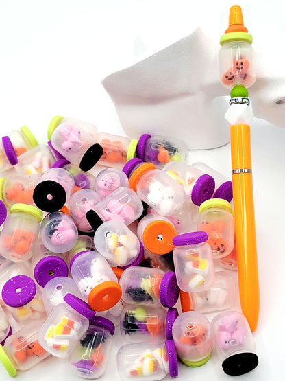 3D Halloween Shaker Silicone Beads , Spooky Bottle Focal Beads for DIY Pens , Mini Ghost Spider Pumpkin Candy Corn Focal Beads (Set of 2)