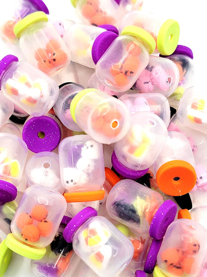 3D Halloween Shaker Silicone Beads , Spooky Bottle Focal Beads for DIY Pens , Mini Ghost Spider Pumpkin Candy Corn Focal Beads (Set of 2)