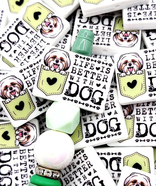 Life Is Better With a Dog Shih Tzu Silicone Focal Bead , Shih Tzu Dog Mom Pen Bead ,Dog Lover Craft Bead, Pocket Dog Design (Set of 2)