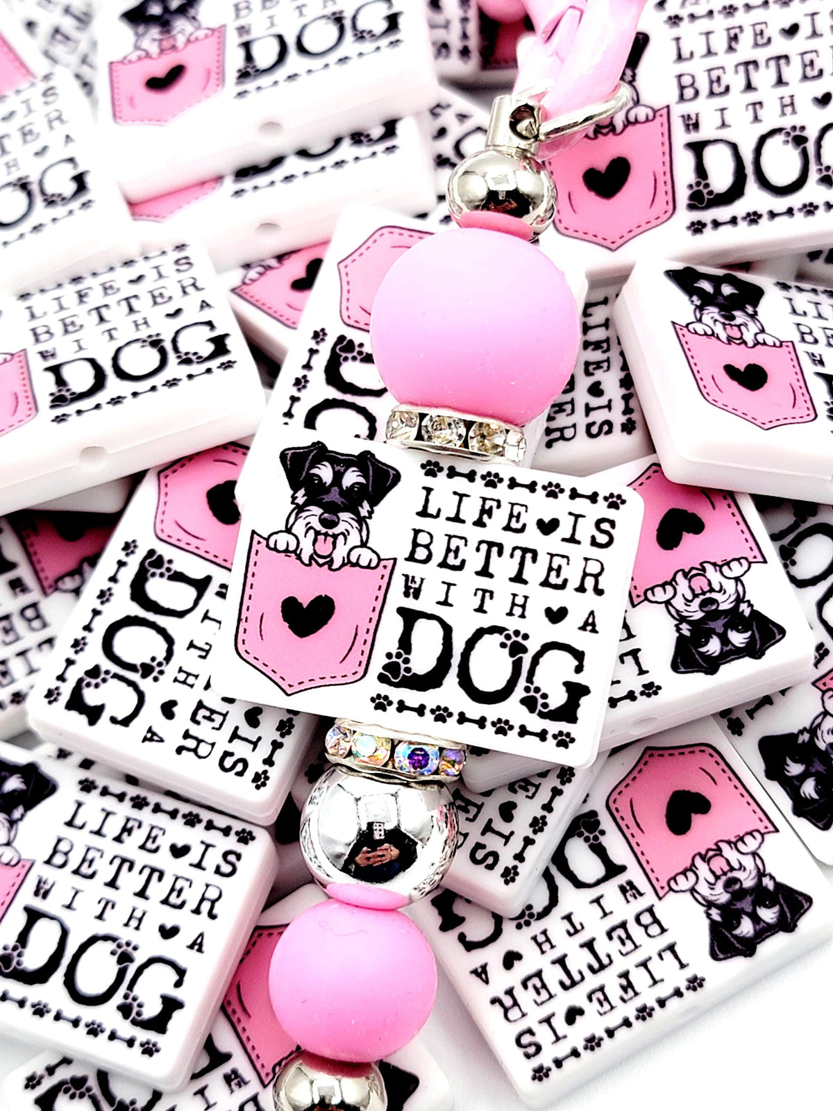 Life Is Better With a Dog Schnauzer Silicone Focal Bead, Dog Mom Pen Beads, Dog Lover Craft Bead Pocket Dog Design (Set of 2)